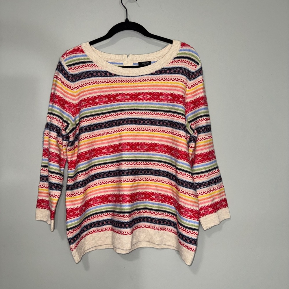 Talbots Woman 1X Fair Isle Stripe Sweater Multicolor 3/4 Sleeve Zip Back Knit
